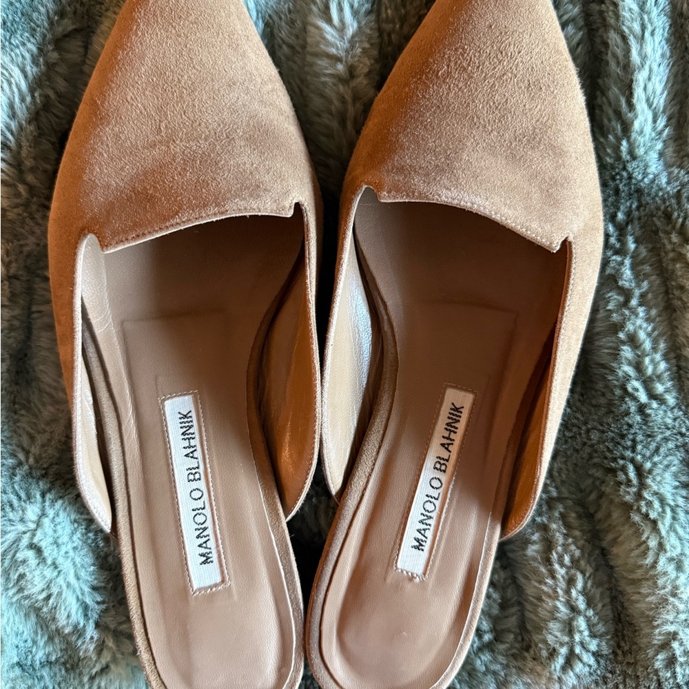 Manolo Blahnik Camel Suede Mules